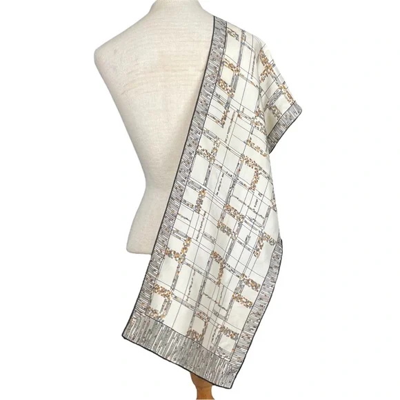 Adolfo Vintage Plaid Print Silk Scarf in Cream/Black - Picture 5 of 7